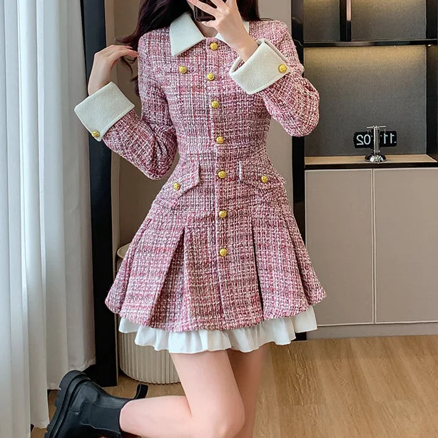 Pink Tweed Single-Breasted Slim Dress Color block unclassified dresses