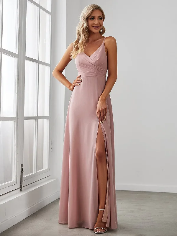 Pleated V-Neck Spaghetti Strap High Slit Bridesmaid Dress Silk unclassified dresses