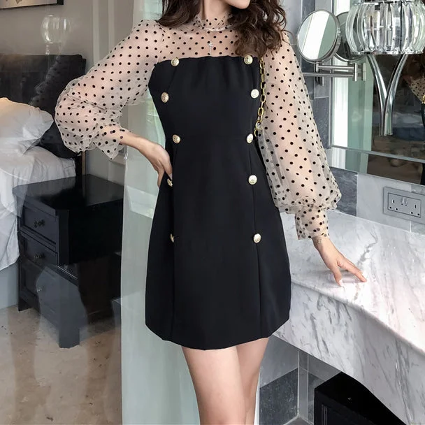 Polka Dot Mesh Panel Lantern Puff Sleeve Dress Striped unclassified dresses