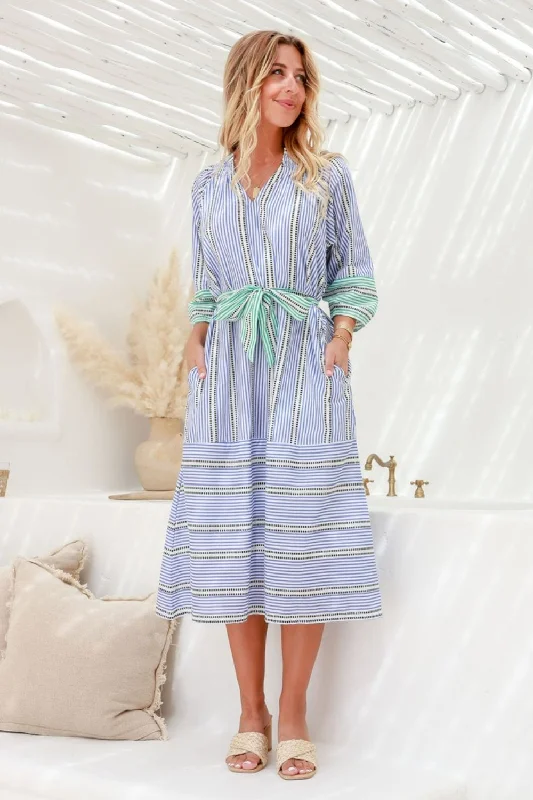 Taormina Tie Stripe Dress | Blue/Green Satin unclassified dresses