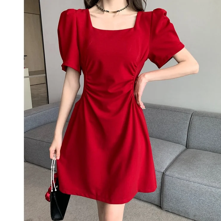 Puff Sleeve Square Neck Pleated Waist Dress Chiffon unclassified dresses