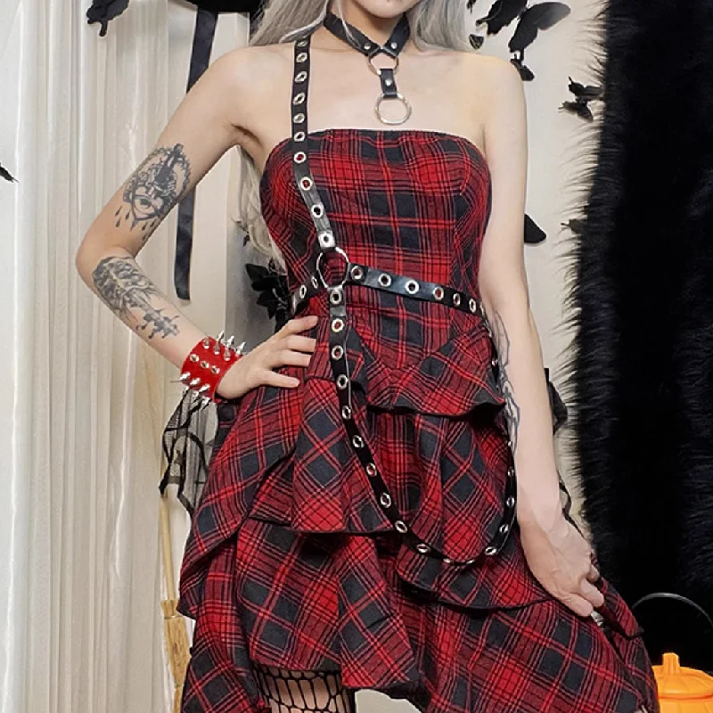 Punk Style Rock Red Plaid Dress Bold pattern unclassified dresses