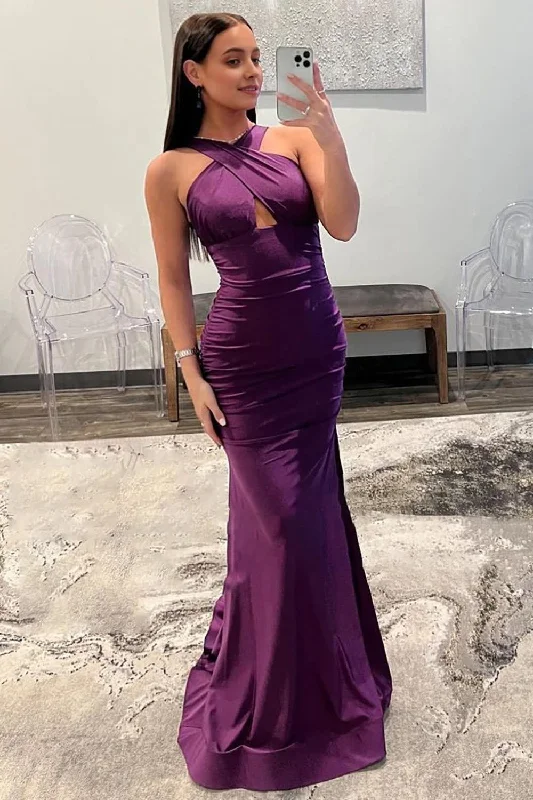 Purple Halter Neck Satin Prom Dress Petite unclassified dresses