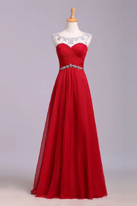 Red Floor Length Chiffon Prom Dresses with Crystals A Line Pleated Evening Dresses N1197 Striped unclassified dresses