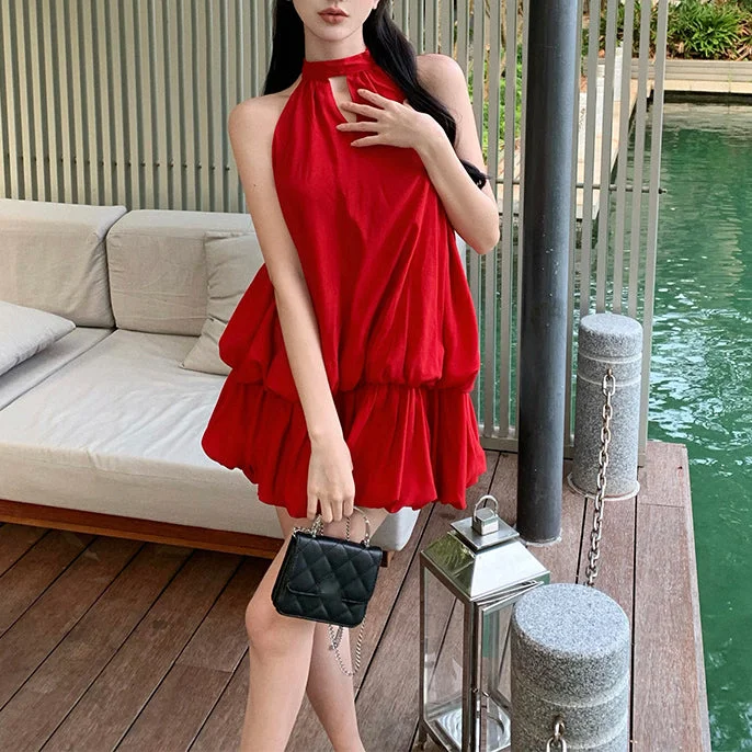 Red Halterneck Backless Dress Smocked unclassified dresses