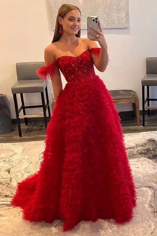 Red Off the Shoulder A-Line Princess Prom Dress Flowy unclassified dresses