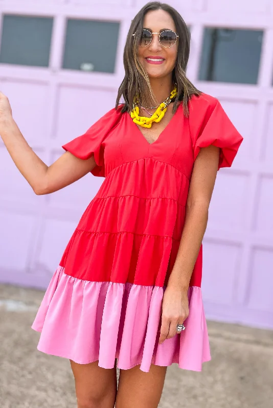 Red Pink Colorblock V Neck Bubble Sleeve Babydoll Dress Date night unclassified dresses