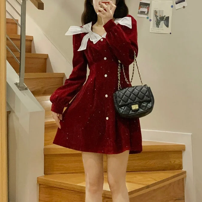 Red Velvet Bow Christmas Dress Denim unclassified dresses