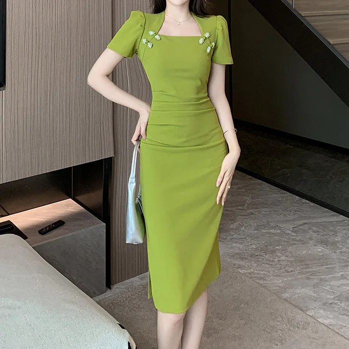 Retro Solid Color Cheongsam Square Neck Wrap Hip Dress Festival unclassified dresses