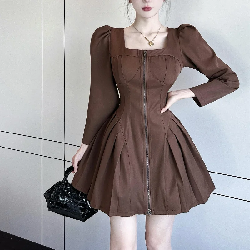 Retro Zipper Square Neck Crumpled Slim Dress Mesh unclassified dresses