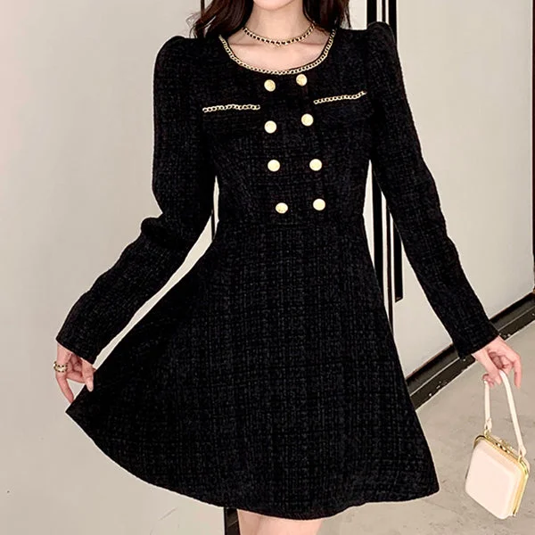 Round Neck Tweed Elegant Temperament Waist Dress Neutral tone unclassified dresses