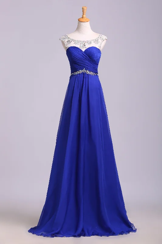 Royal Blue Floor Length Chiffon Prom Dresses with Rhinestone Belt Evening Dresses with Pleats N1203 Breathable unclassified dresses