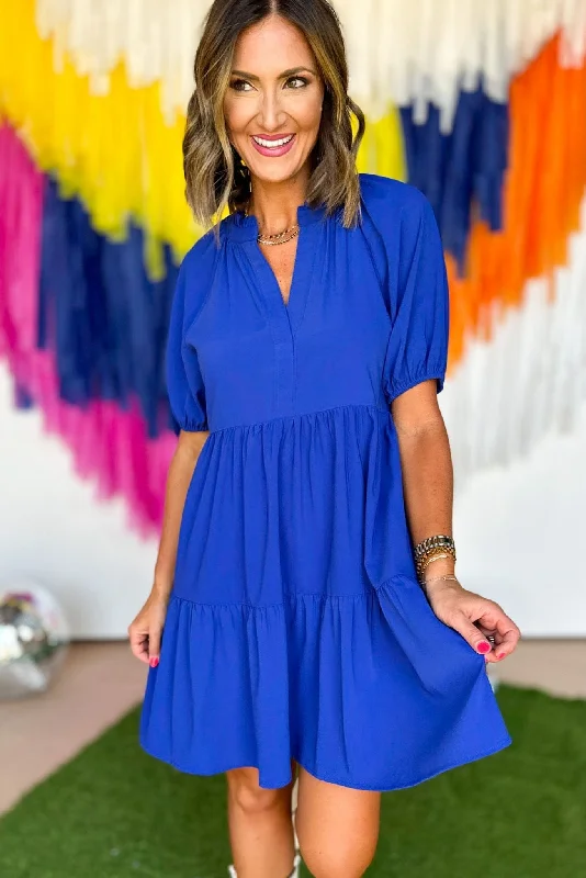 Royal Blue Split Neck Tiered Raglan Sleeve Dress Designer unclassified dresses