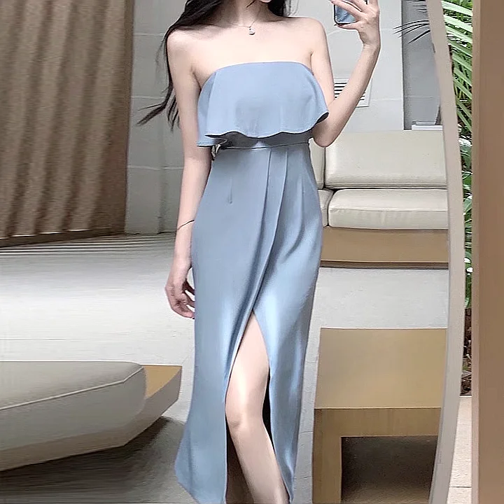 Ruffled Slit Slim High Waist Tube Dress Office unclassified dresses