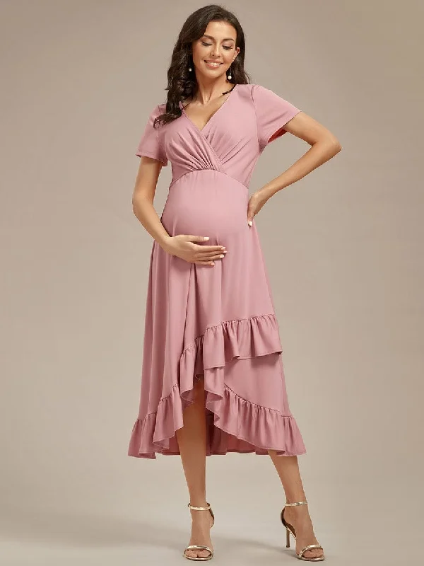 Ruffles High Low Hemline V-Neck High Stretch Maternity Dress Knitted unclassified dresses