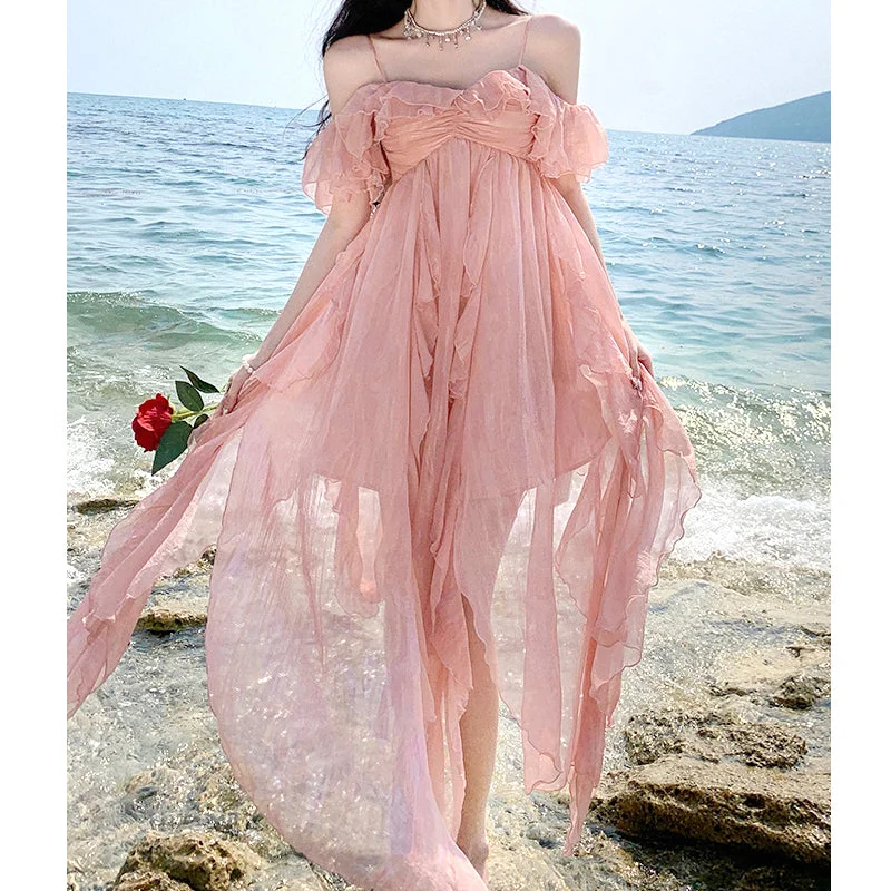 Ruffles Irregular Beach Holiday Pink Dress Neutral tone unclassified dresses