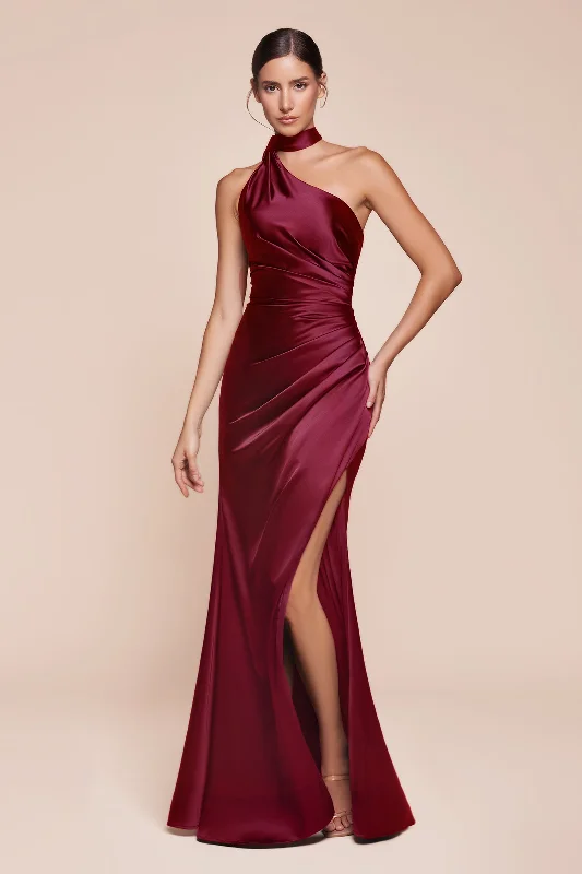 Satin Fitted One Shoulder Slit Gown by Ladivine 7454 Pastel unclassified dresses