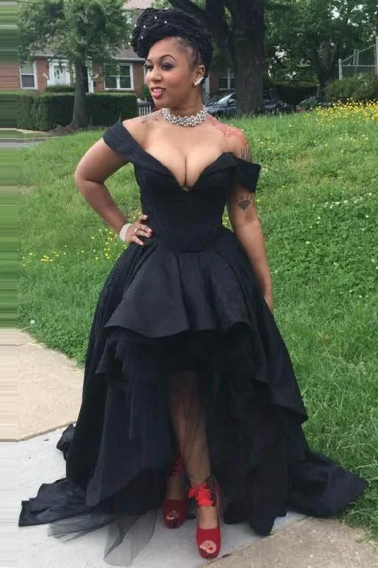 Sexy Black Off the Shoulder V-Neck High Low Prom Dresses Stylish unclassified dresses