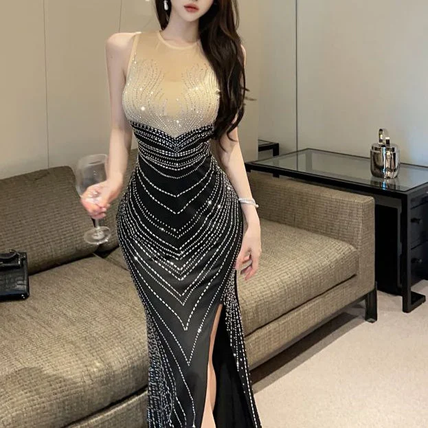 Sexy Mesh See-Through Slit Rhinestone Sleeveless Dress Budget-friendly unclassified dresses