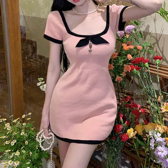 Sexy Square Neck Contrast Bow Knitted Waist Knit Dress Bright color unclassified dresses