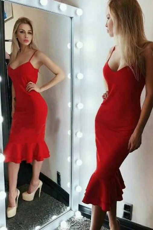 Sheath Spaghetti Straps Red Tea-Length Prom Dresses N1354 Sequin unclassified dresses