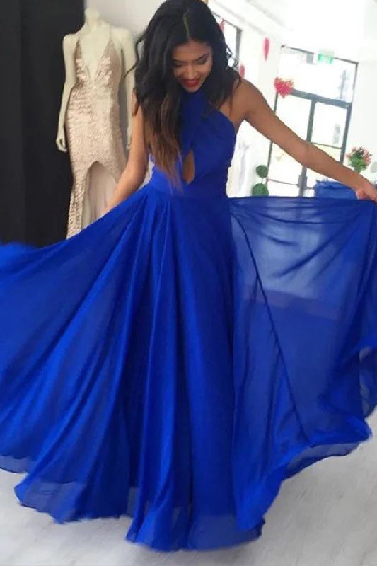 A Line Prom Gown Halter Royal Blue Chiffon Evening Dresses with Keyhole N1250 Monochrome unclassified dresses