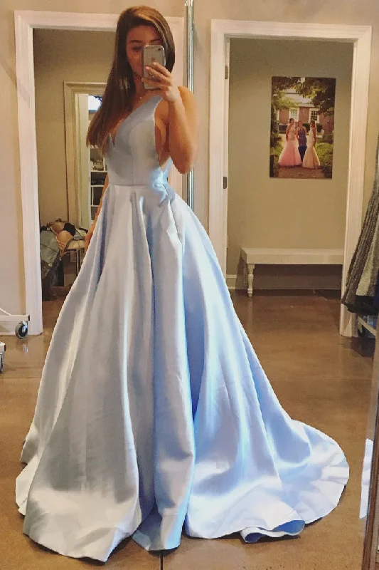 A Line V-Neck Sleeveless Sweep Train Evening Dresses Light Blue Prom Dresses N915 High-end unclassified dresses