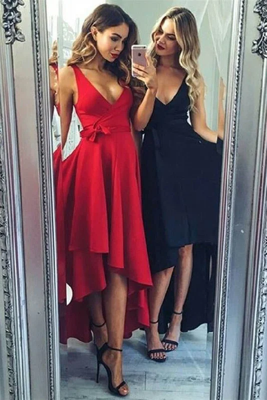 Red High Low V-Neck Sleeveless Prom Dresses Plus size unclassified dresses