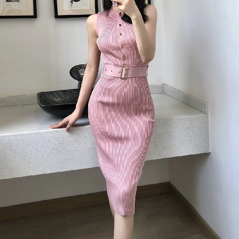 Sleeveless Belted Button Slit Stretch-Knit Dress Engagement unclassified dresses