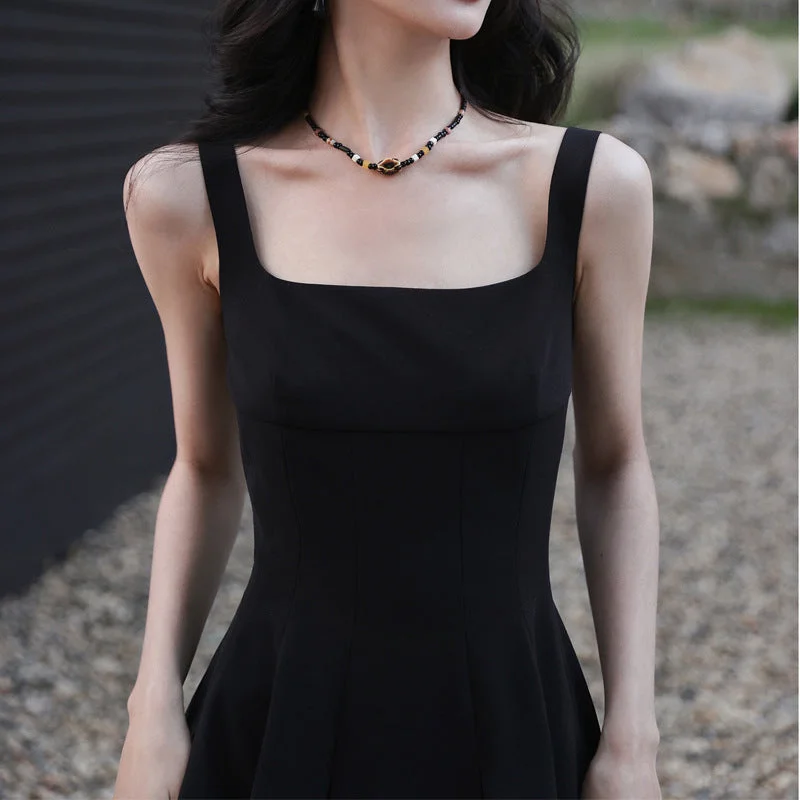 Sleeveless Square Neck High Waisted Black Dress Cocktail unclassified dresses