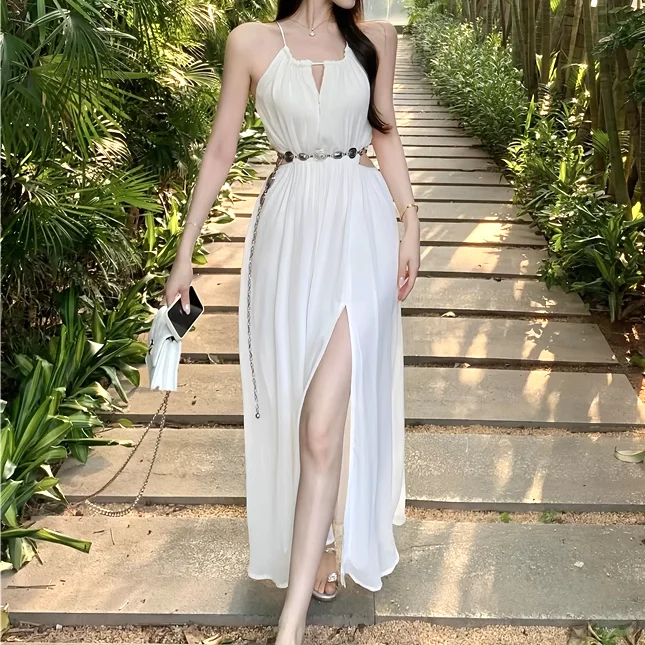 Slit Loose Halter Neck Belt White A-Line Dress Sexy unclassified dresses