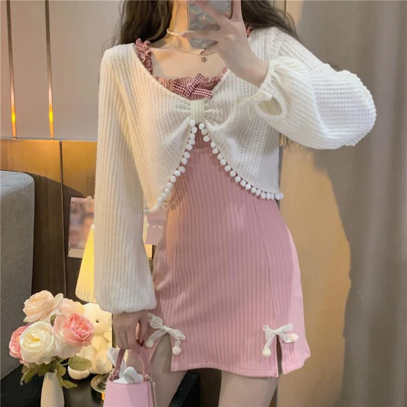 Slit Slim Bow Pink Dress White Cardigan Set Earthy tone unclassified dresses