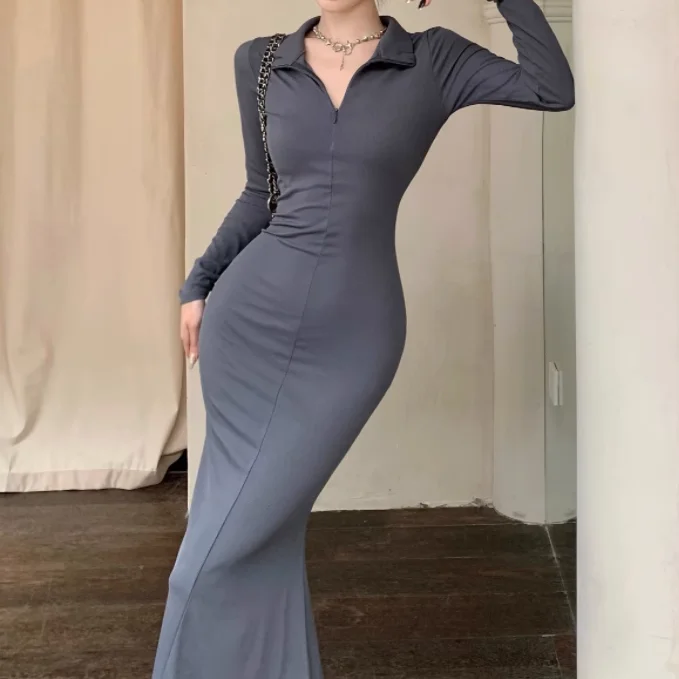 Solid Color Lapel Zipper Slim-Fitting Fishtail Dress Designer unclassified dresses