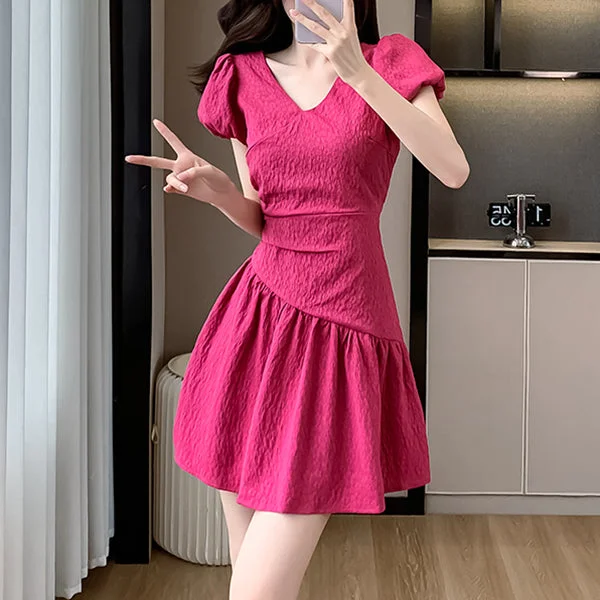 Solid Color V-Neck Puff Sleeve Pleated Dress Flowy unclassified dresses