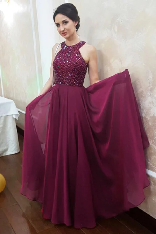 Sparkly Dark Magenta Jewel Sleeveless Floor Length Chiffon Prom Dresses with Beading N845 Popular unclassified dresses