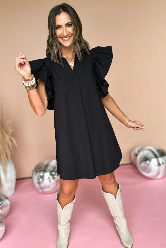 SSYS Black Ruffle Shoulder Poplin Dress Casual unclassified dresses