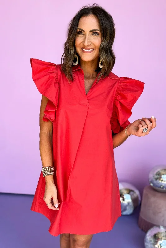 SSYS Red Ruffle Shoulder Poplin Dress Luxury unclassified dresses