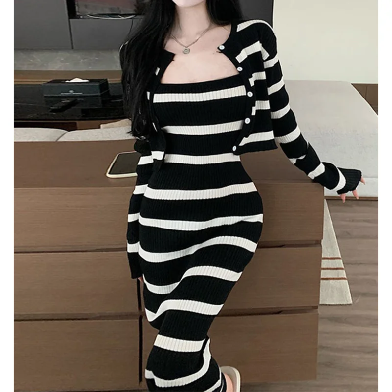 Striped Contrast Cami Dress Knit Cardigan Top Winter Set Date night unclassified dresses