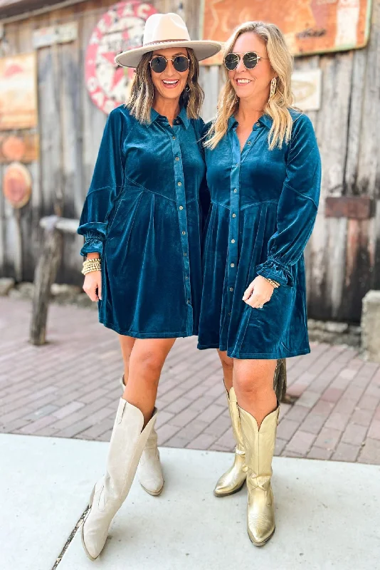 Teal Velvet Collared Button Down Hi Low Hem Babydoll Dress Long sleeve unclassified dresses