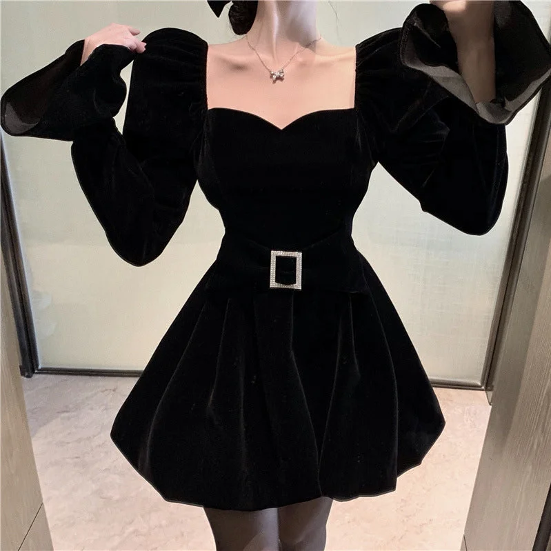 Trumpet Sleeve Velvet Square Neck Waist Black Dress Party unclassified dresses