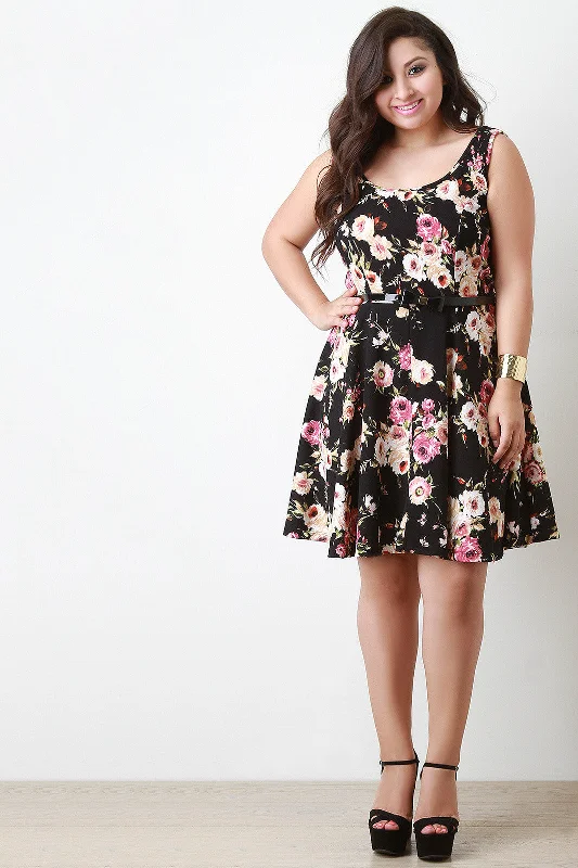 Sleeveless Floral Print Belted Skater Dress Cottagecore floral dresses