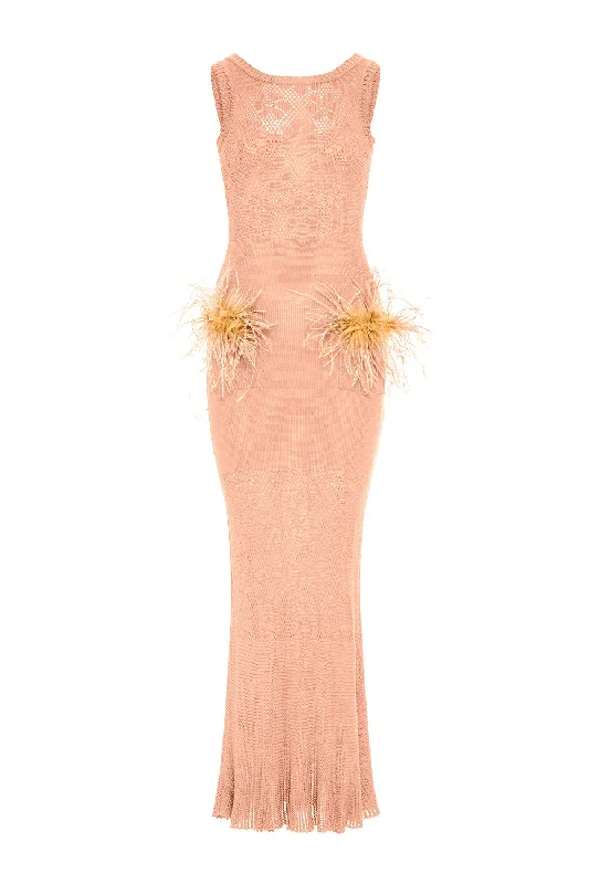 Vanilla Peach Knit Dress With Feathers Party unclassified dresses