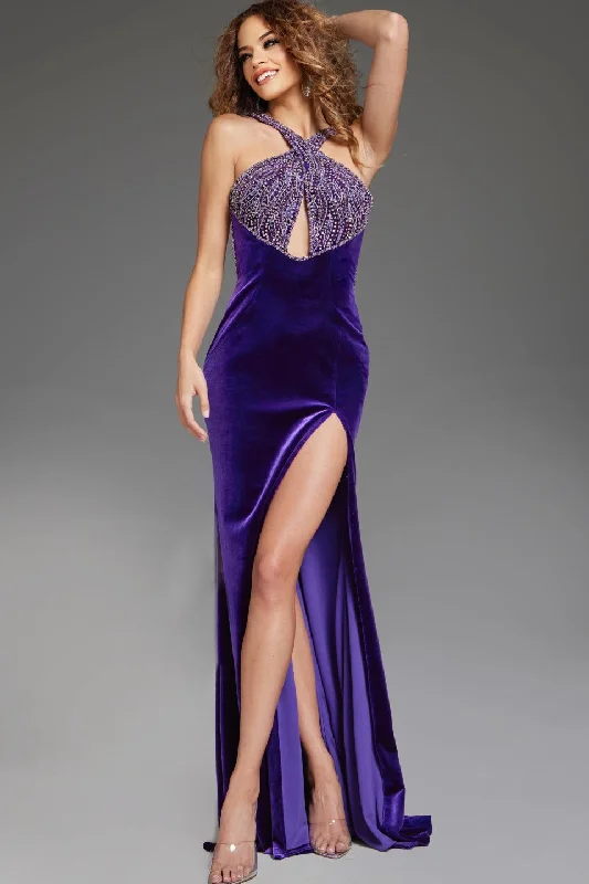 Velvet Fitted Halter Slit Gown by Jovani 38951 Mesh unclassified dresses