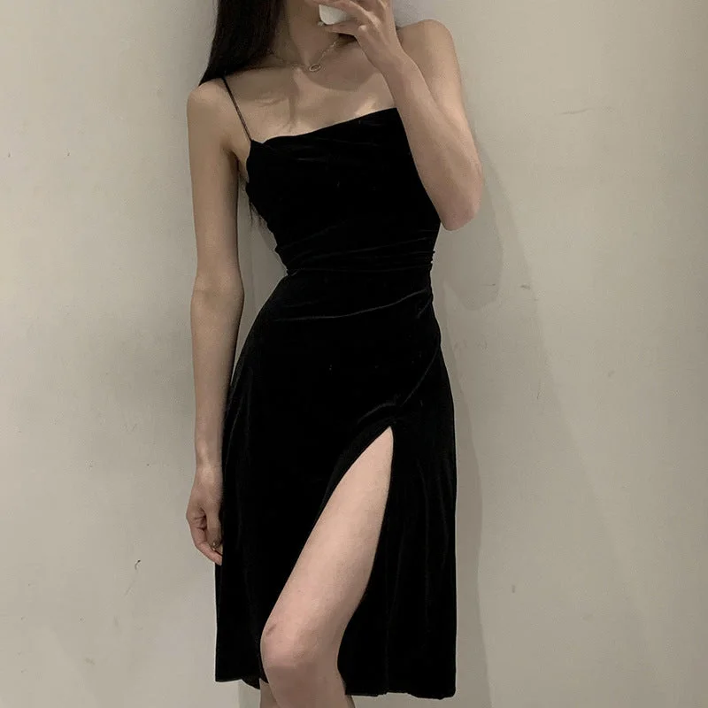 Velvet Sling Exposed Lock Bone High Slit Formal Dress Casual chic unclassified dresses