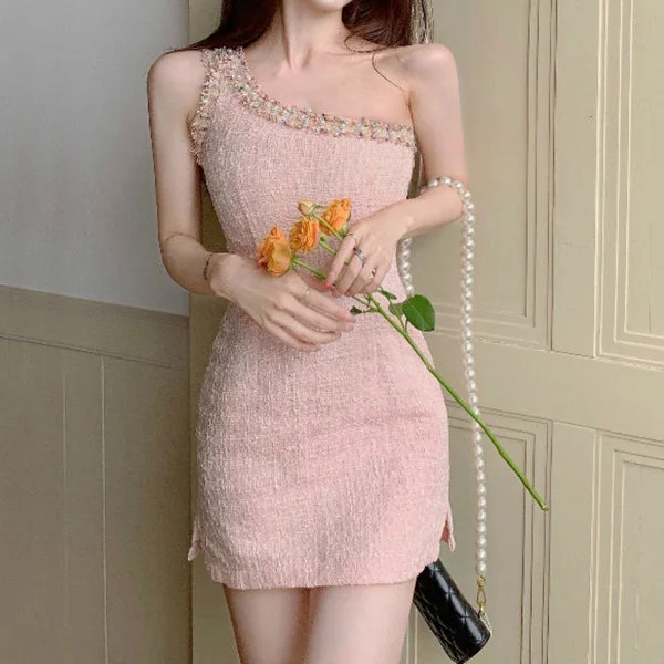 Vintage Pink One-Shoulder Tweed Dress Tulle unclassified dresses