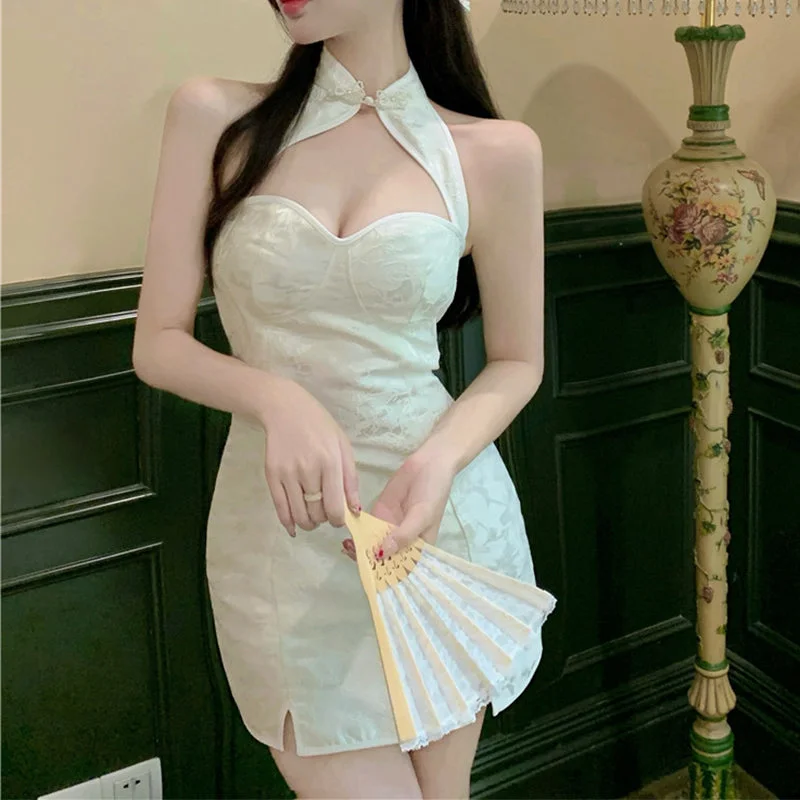 White Jacquard Improved Chinese Style Qipao Halter Neck Waist Dress Short unclassified dresses