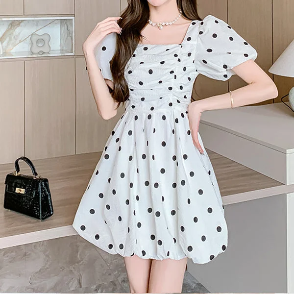 White Polka Dot Puff Sleeve Sweet Dress Discounted unclassified dresses