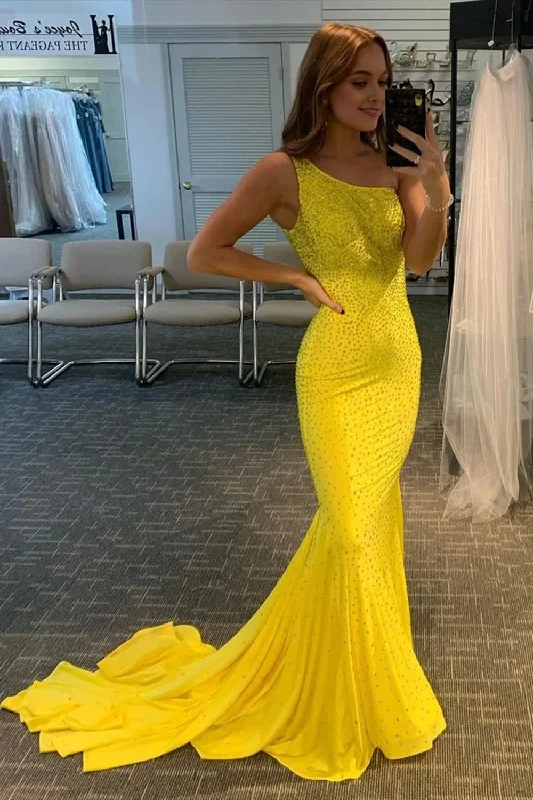 Yellow Beaded Mermaid Prom Dress Minimalist unclassified dresses