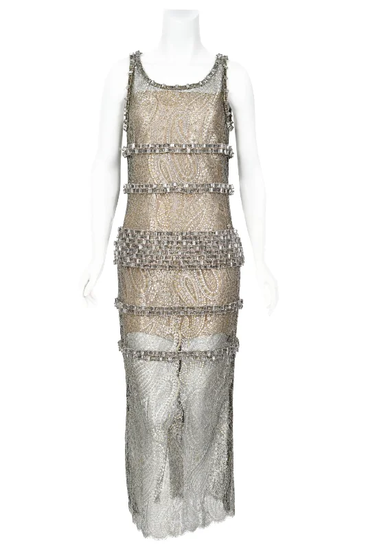 2012 Chanel by Karl Lagerfeld Runway Crystal Beaded Sheer Silver & Gold Lace Dress Lace Dress Chic