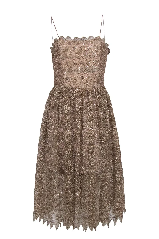 Alice & Olivia - Gold Shimmer Lace Sleeveless Dress Sz 10 Lace Dress Fit